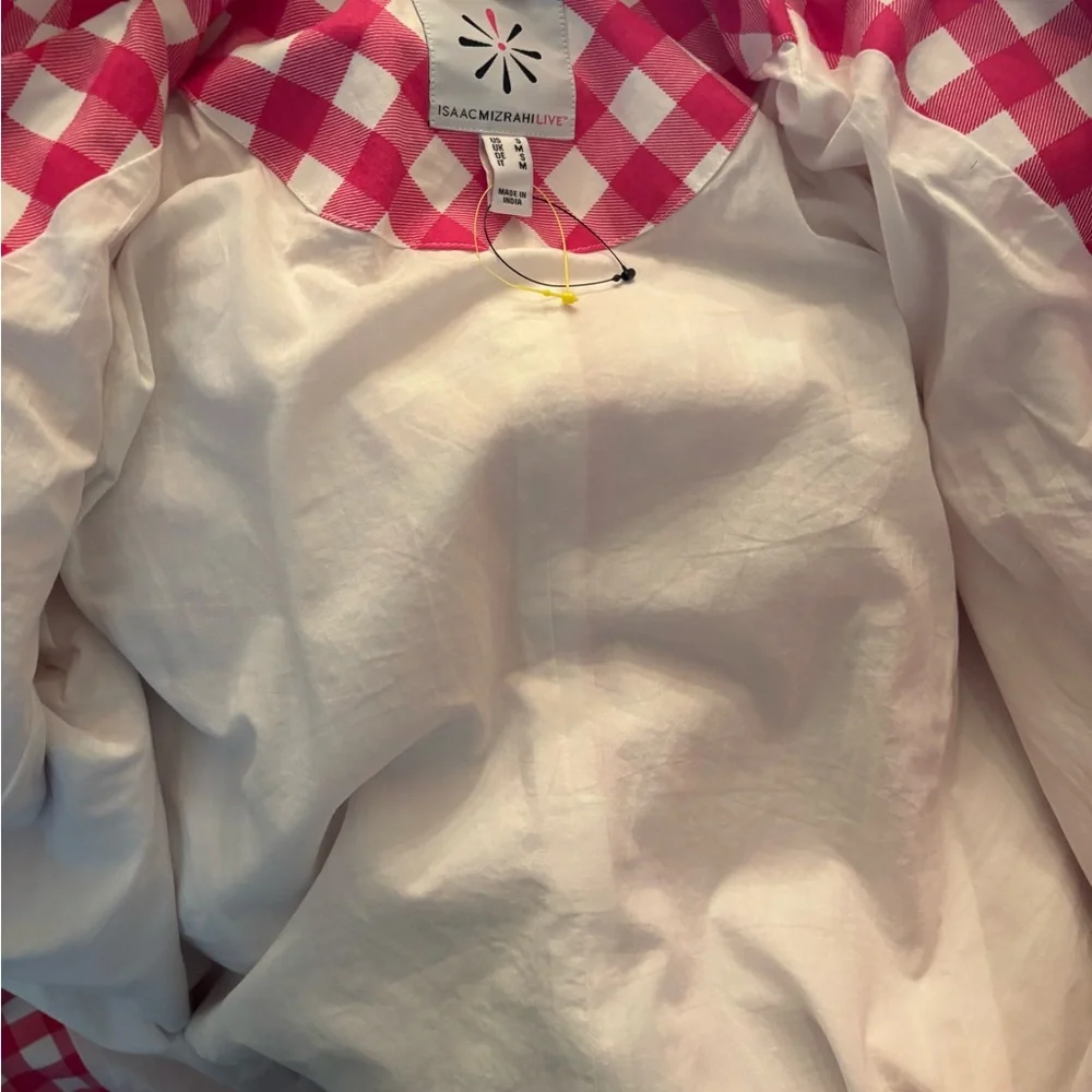 Isaac Mizrahi Live Pink and White Gingham Car Coat Trench - Picture 9 of 13